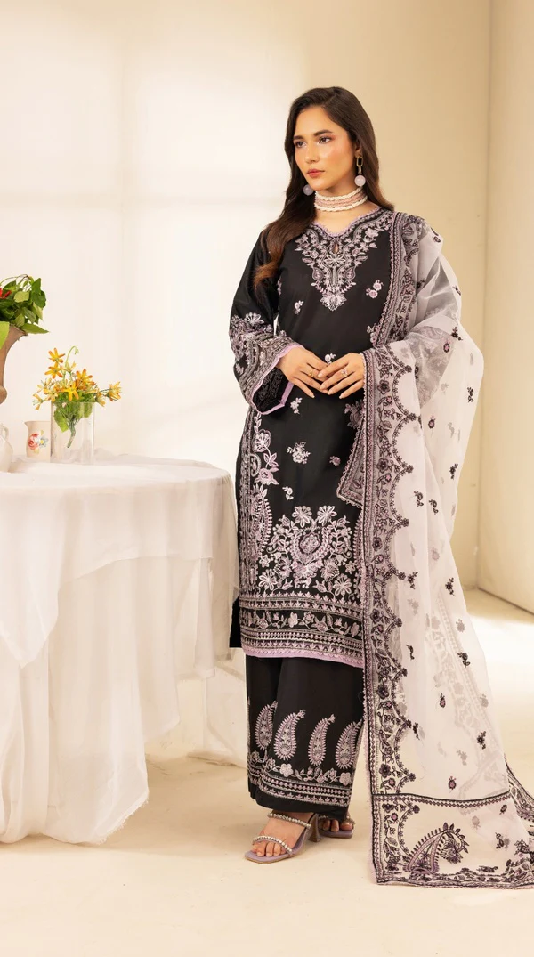 Black Linen Embroidered Palazzo Suit with Organza Dupatta - Image 2