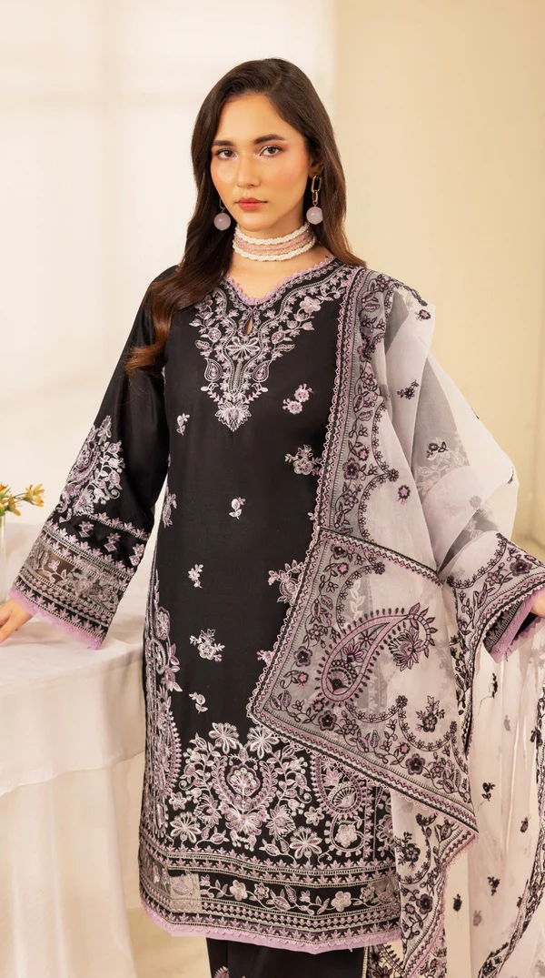 Black Linen Embroidered Palazzo Suit with Organza Dupatta - Image 3