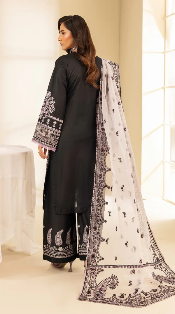 Black Linen Embroidered Palazzo Suit with Organza Dupatta - Image 4