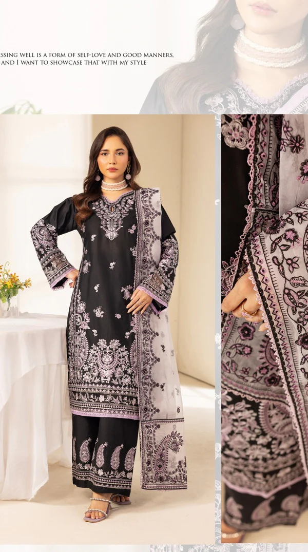 Black Linen Embroidered Palazzo Suit with Organza Dupatta - Image 5