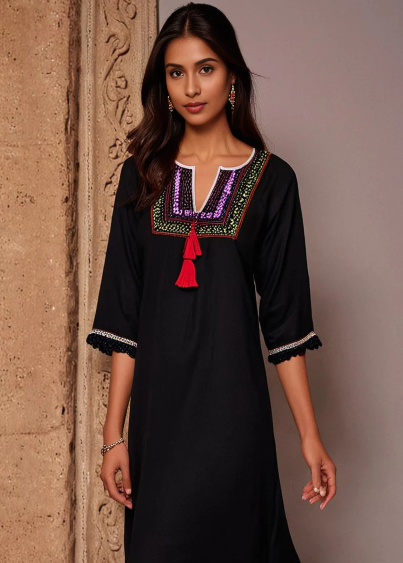 Black Multi Embroidered Kurti Top - Image 2