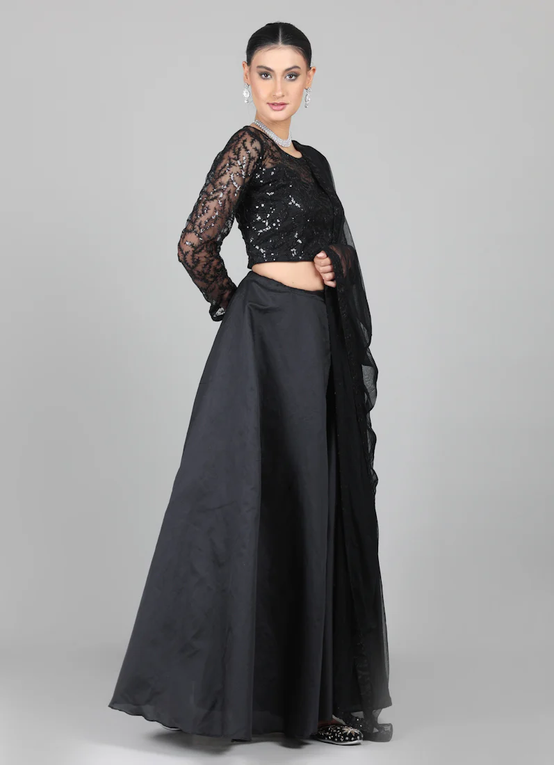 Black Net Sequins Embroidered Lehenga Set - Image 3