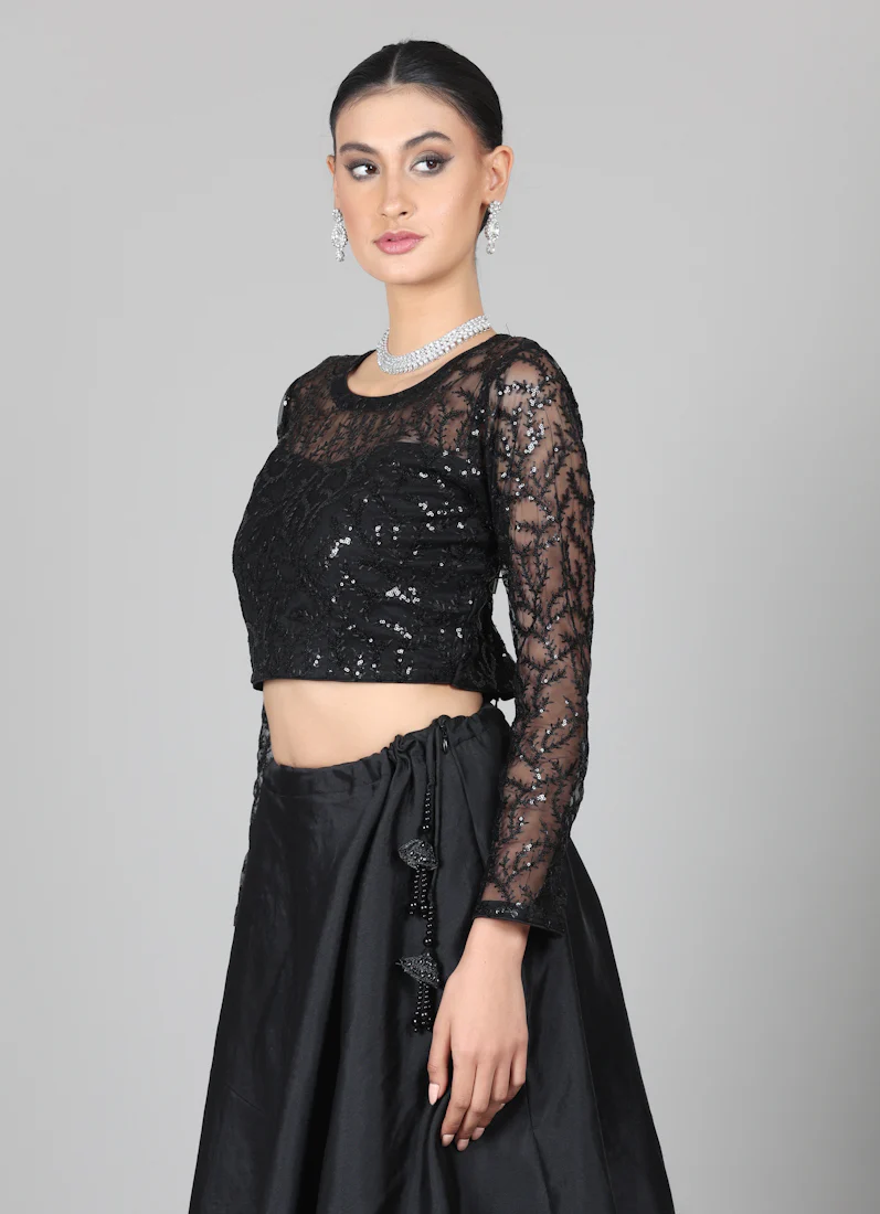 Black Net Sequins Embroidered Lehenga Set - Image 4