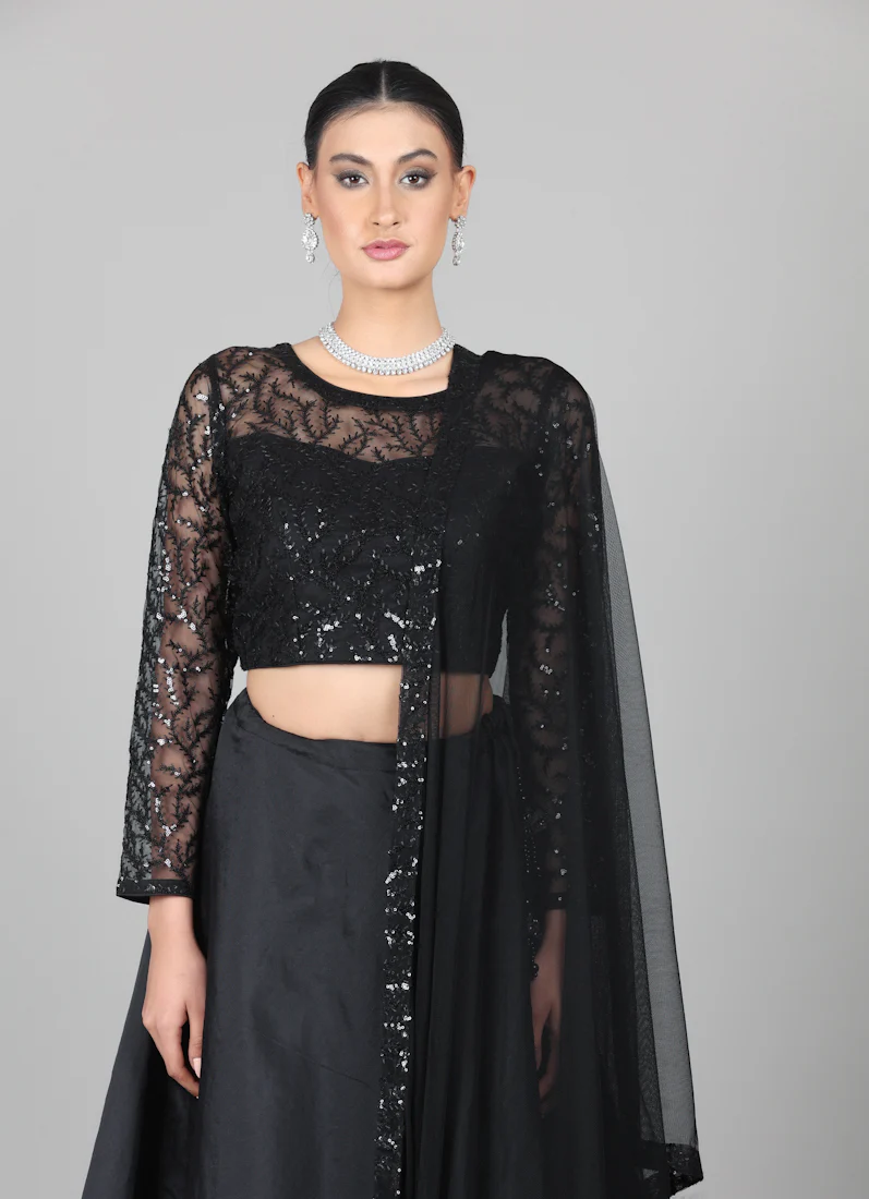 Black Net Sequins Embroidered Lehenga Set - Image 5