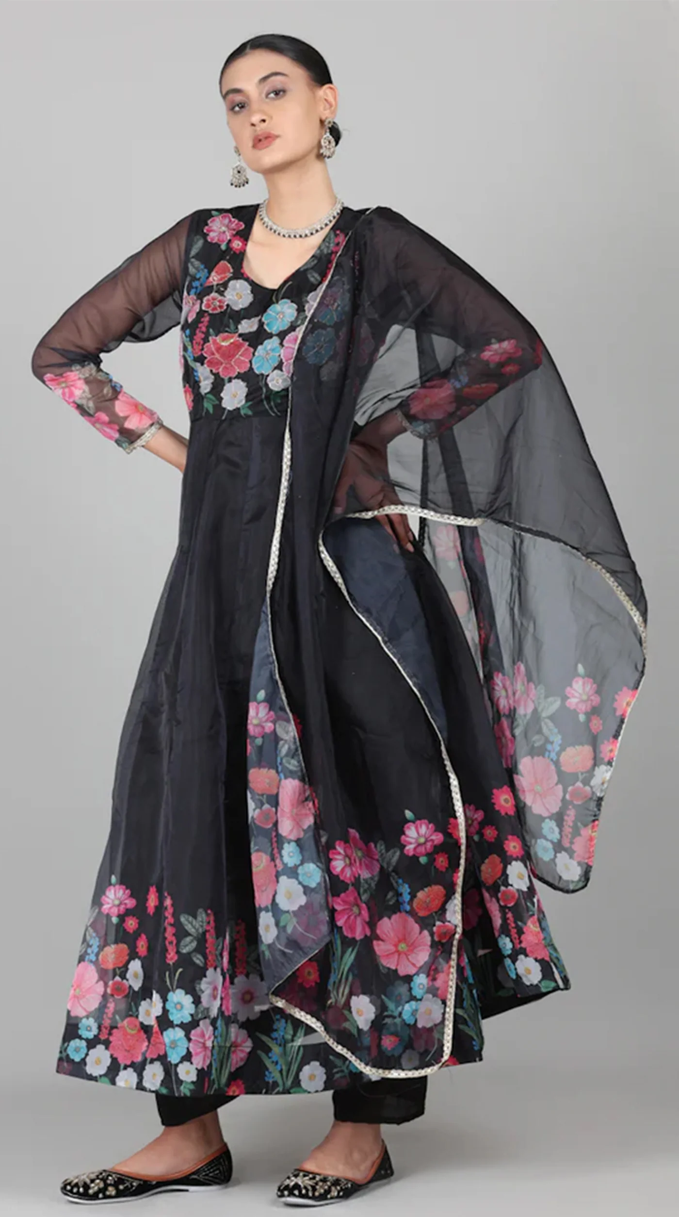 Black Organza Floral Printed Suit Set - Image 2