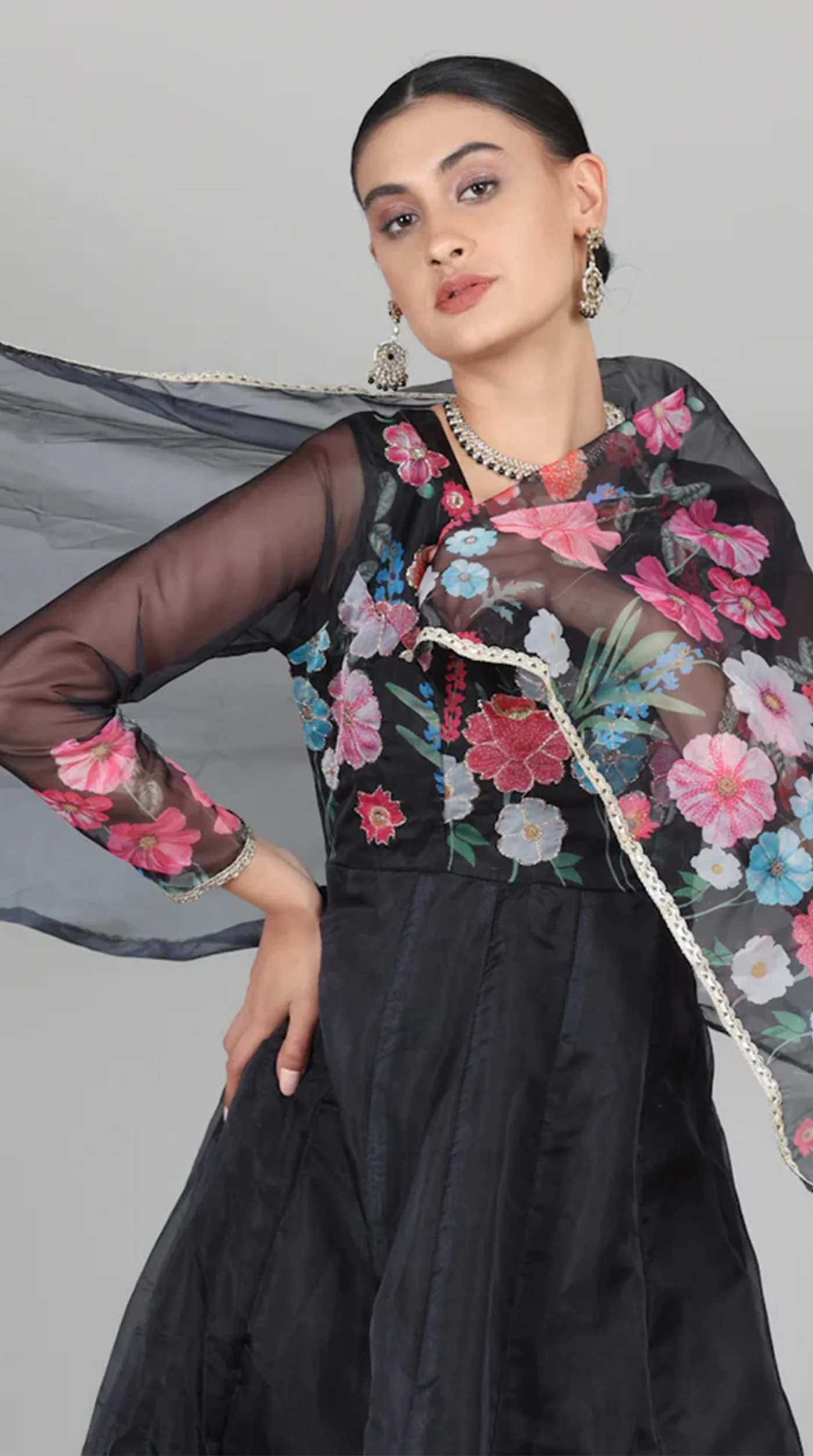 Black Organza Floral Printed Suit Set - Image 3