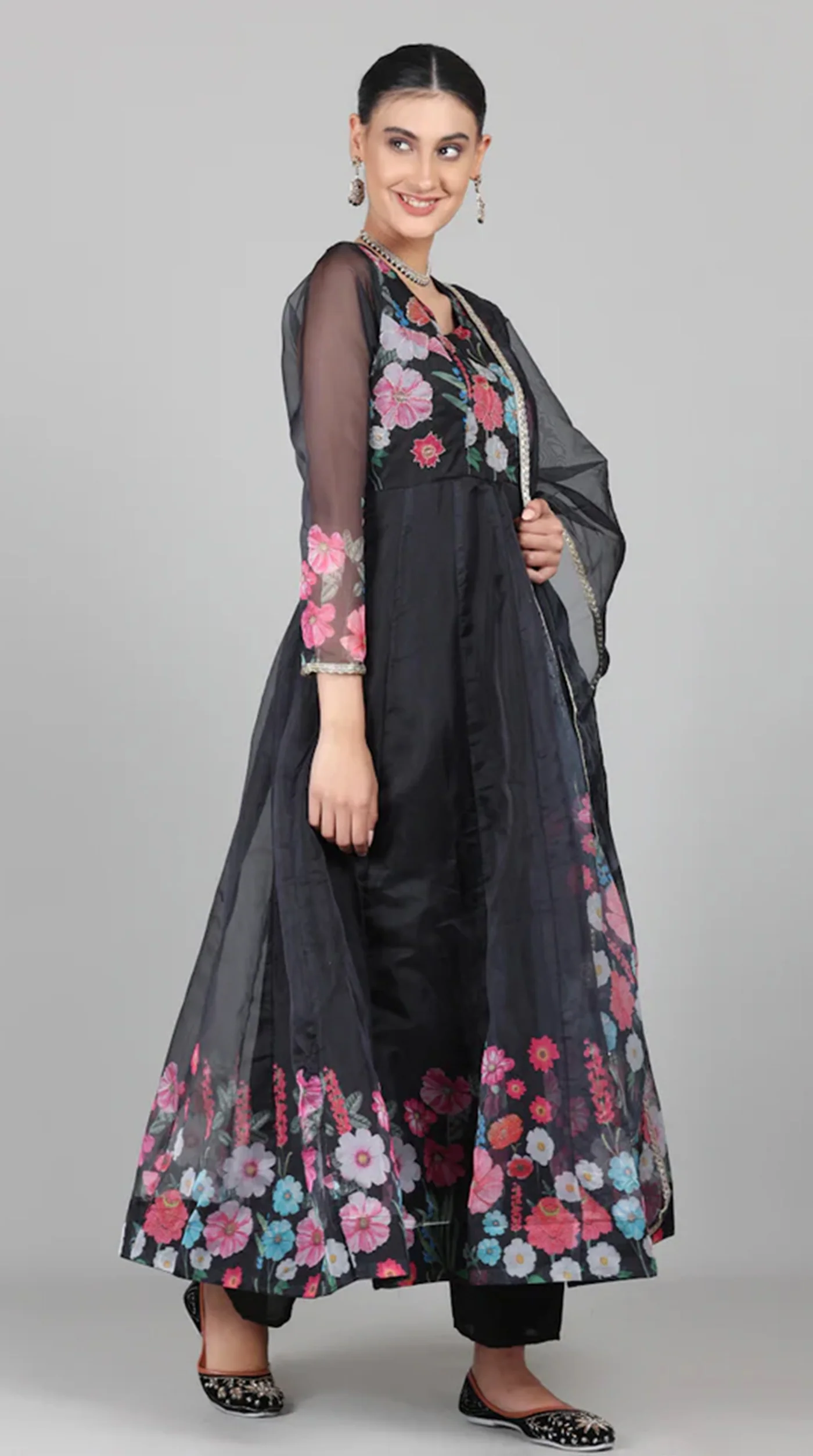Black Organza Floral Printed Suit Set - Image 4