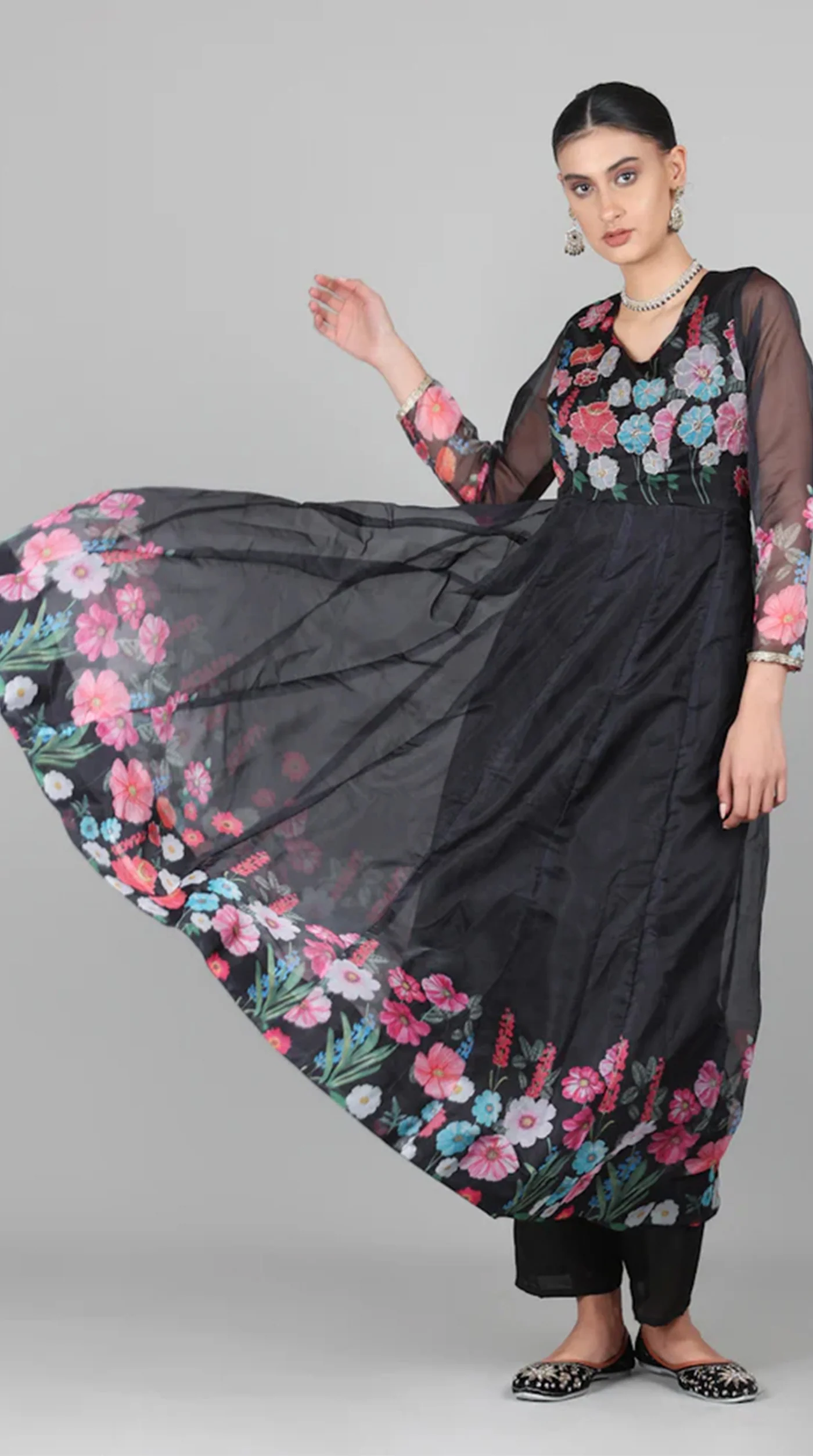 Black Organza Floral Printed Suit Set - Image 5