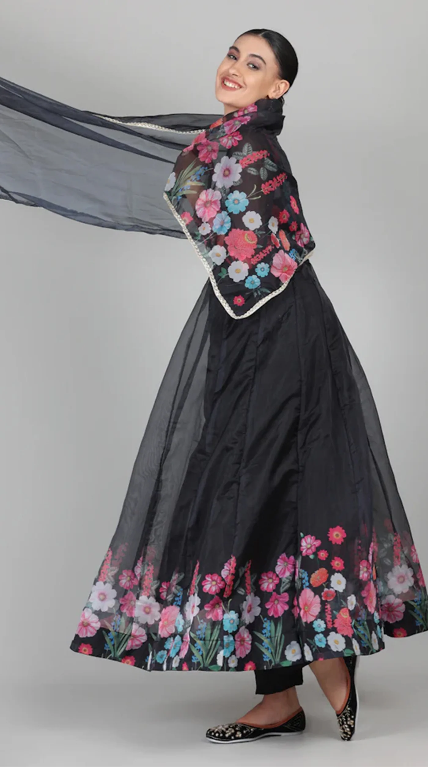 Black Organza Floral Printed Suit Set - Image 6