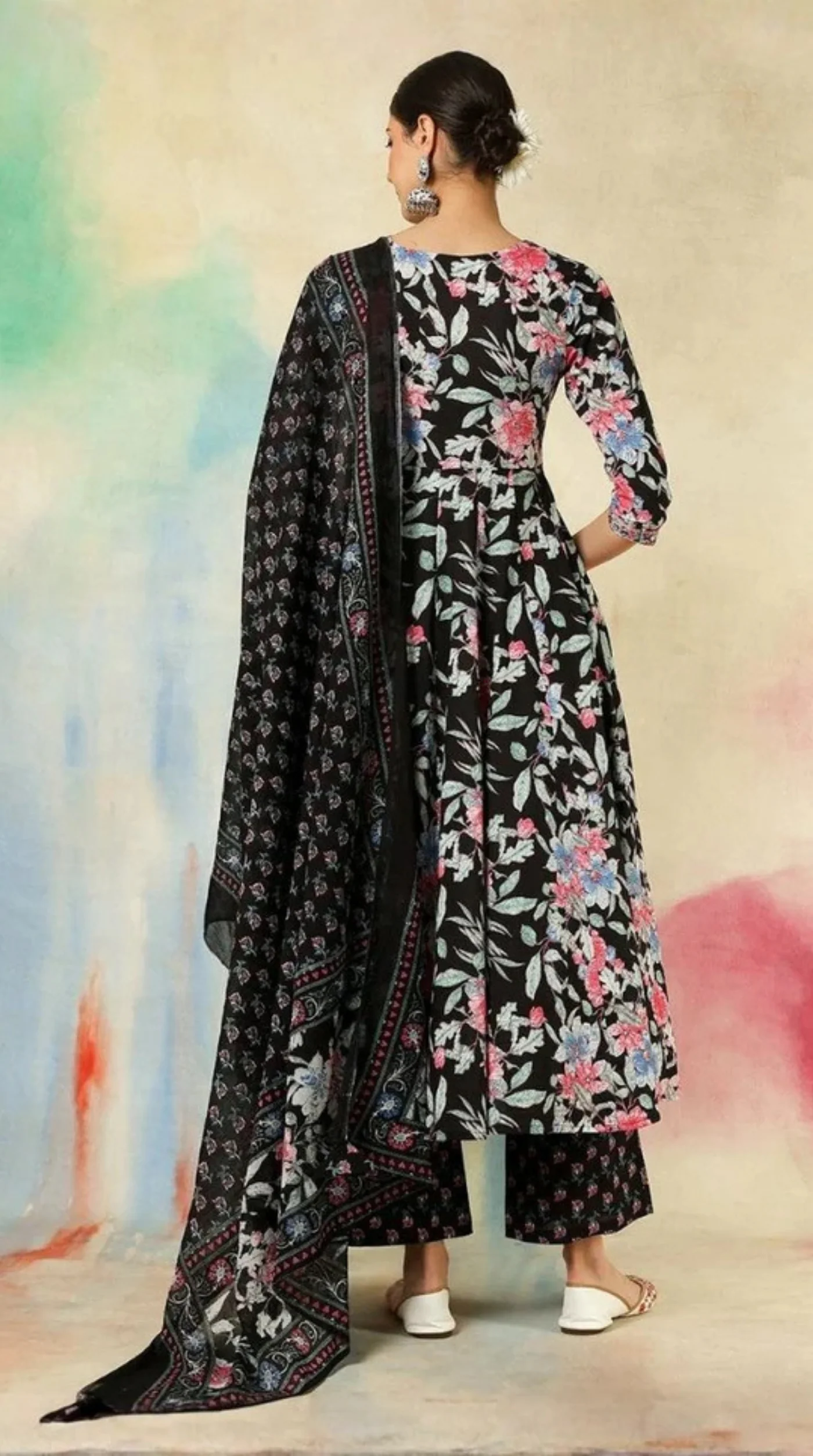 Black Printed Bias Cut Suit Set - Image 2