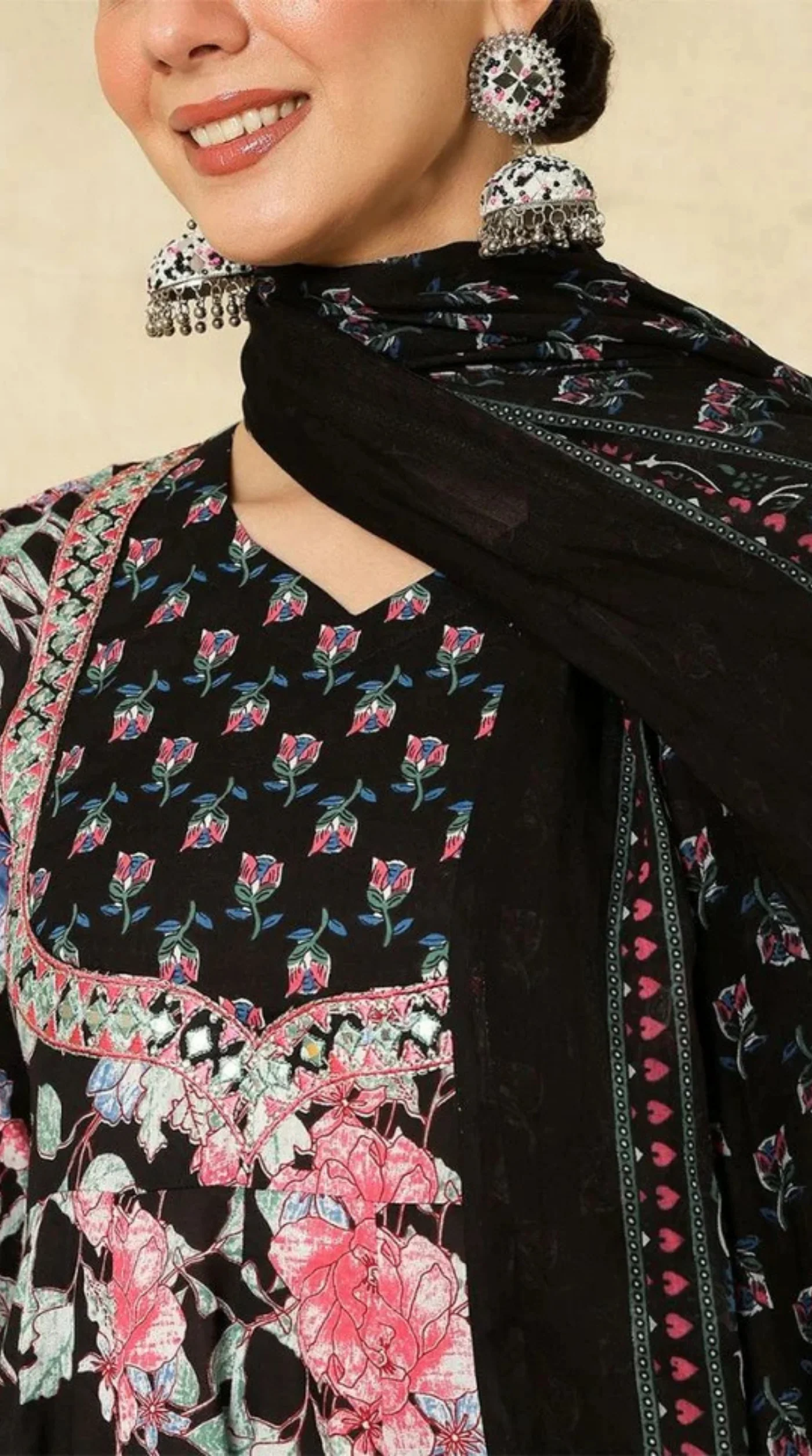 Black Printed Bias Cut Suit Set - Image 3