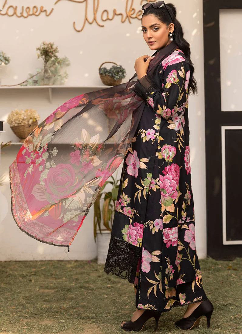 Black Printed Lawn Embroidered Suit Set - Image 2