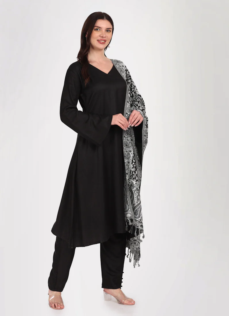 Black Rayon A-Line Shawl Suit Set - Image 3