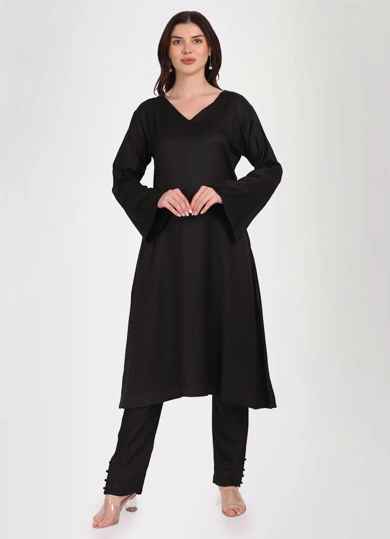 Black Rayon A-Line Shawl Suit Set - Image 4