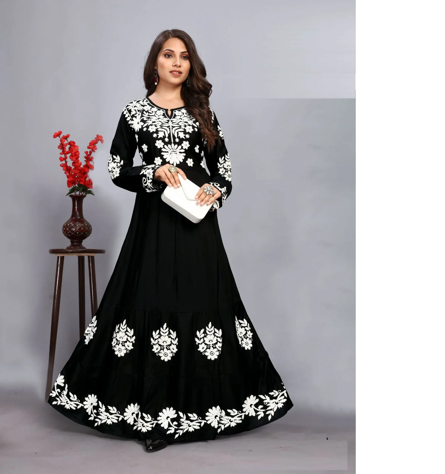 Black Rayon Bias Cut Thread Work Dress - Image 2