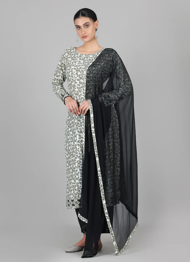Black Rayon Ditzzy Printed Straight Cut Suit Set - Image 2