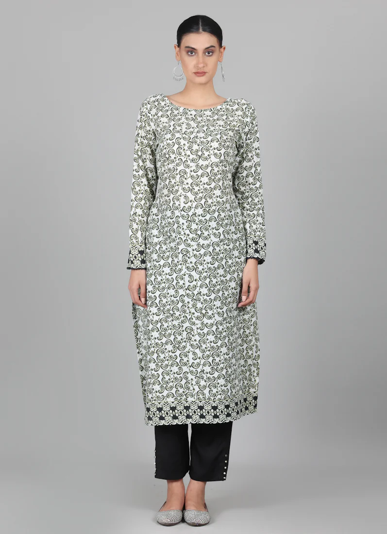 Black Rayon Ditzzy Printed Straight Cut Suit Set - Image 4