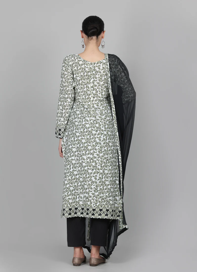 Black Rayon Ditzzy Printed Straight Cut Suit Set - Image 6