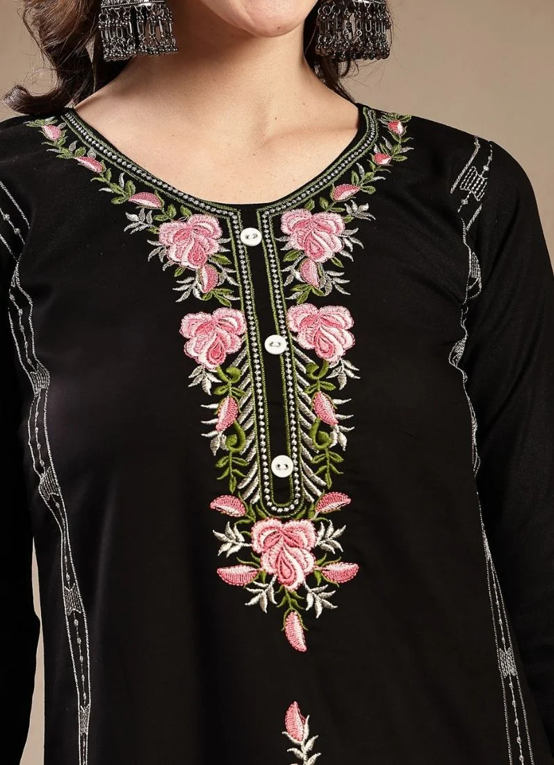 Black Rayon Embroidered Suit Set - Image 2