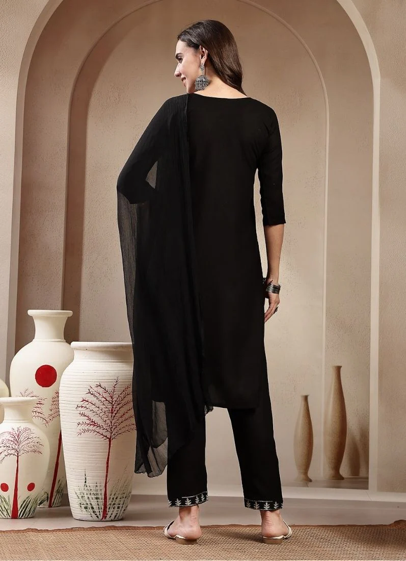 Black Rayon Embroidered Suit Set - Image 3