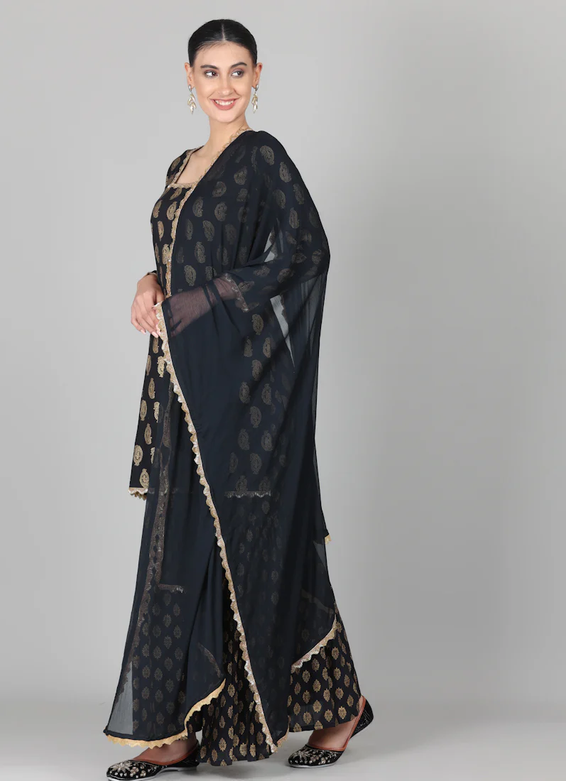 Black Rayon Foil Printed Gharara Suit Set - Image 2
