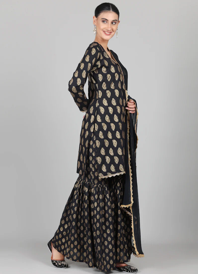 Black Rayon Foil Printed Gharara Suit Set - Image 3