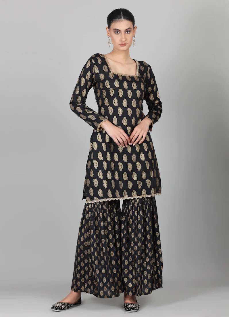 Black Rayon Foil Printed Gharara Suit Set - Image 4
