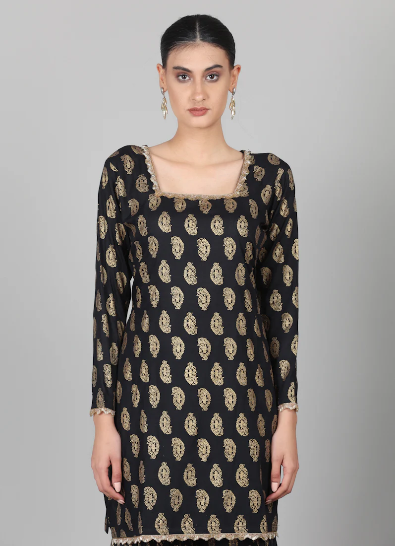 Black Rayon Foil Printed Gharara Suit Set - Image 5