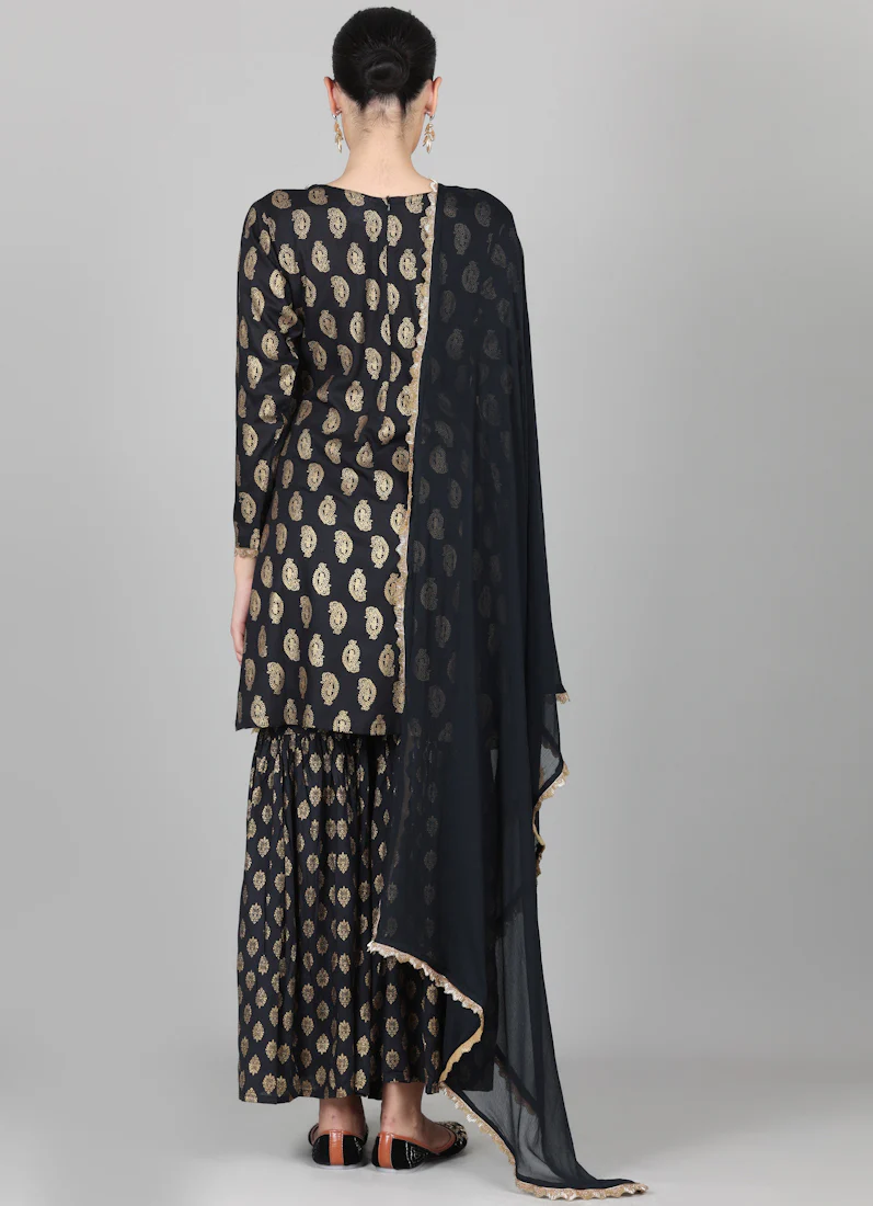 Black Rayon Foil Printed Gharara Suit Set - Image 6
