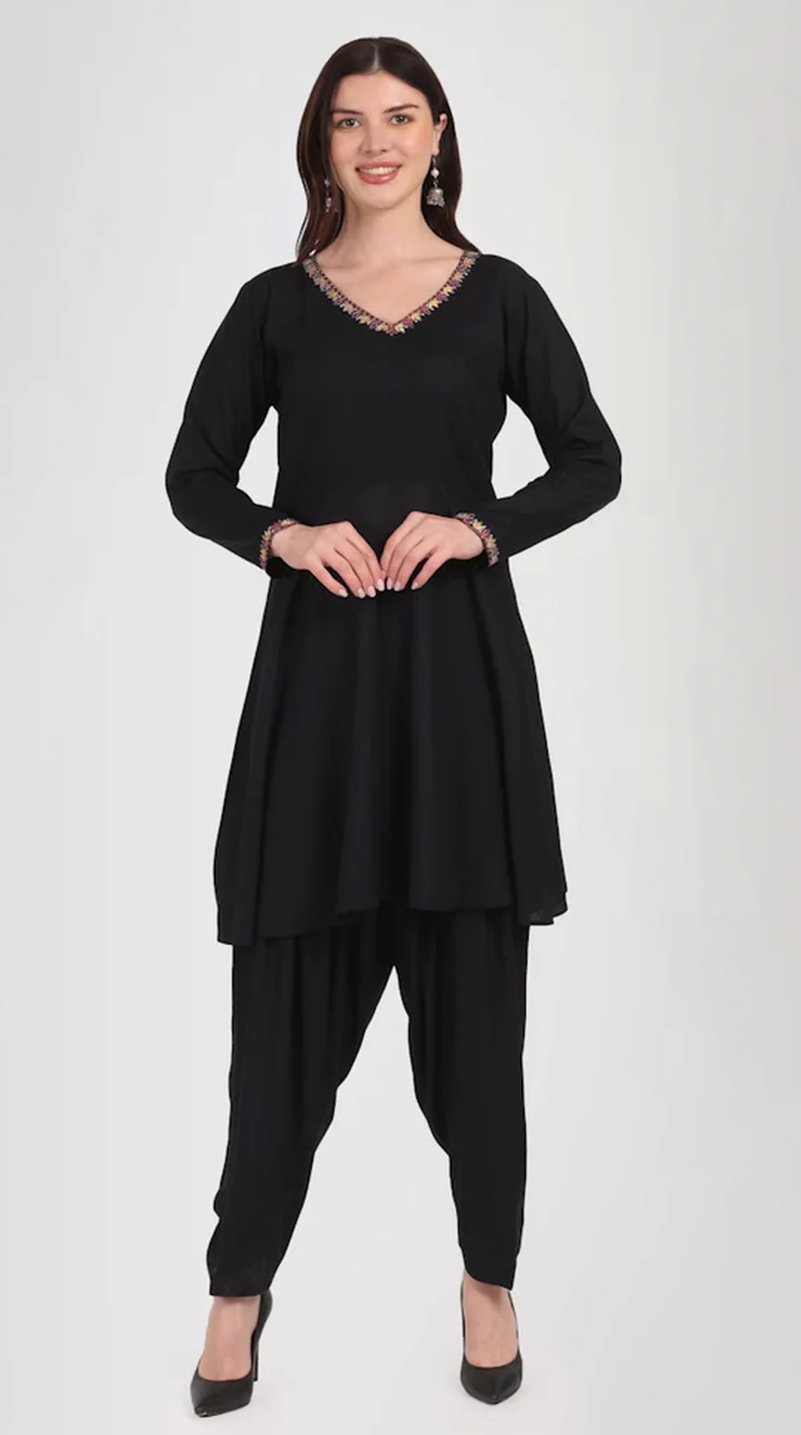 Black Rayon Peplum Shawl Suit Set - Image 5