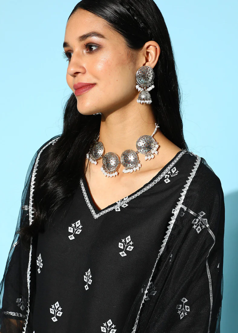 Black Rayon Printed Gharara Suit Set - Image 2
