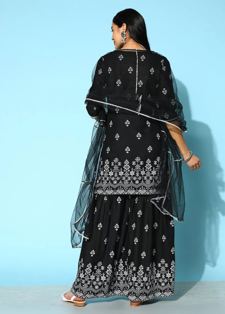Black Rayon Printed Gharara Suit Set - Image 3
