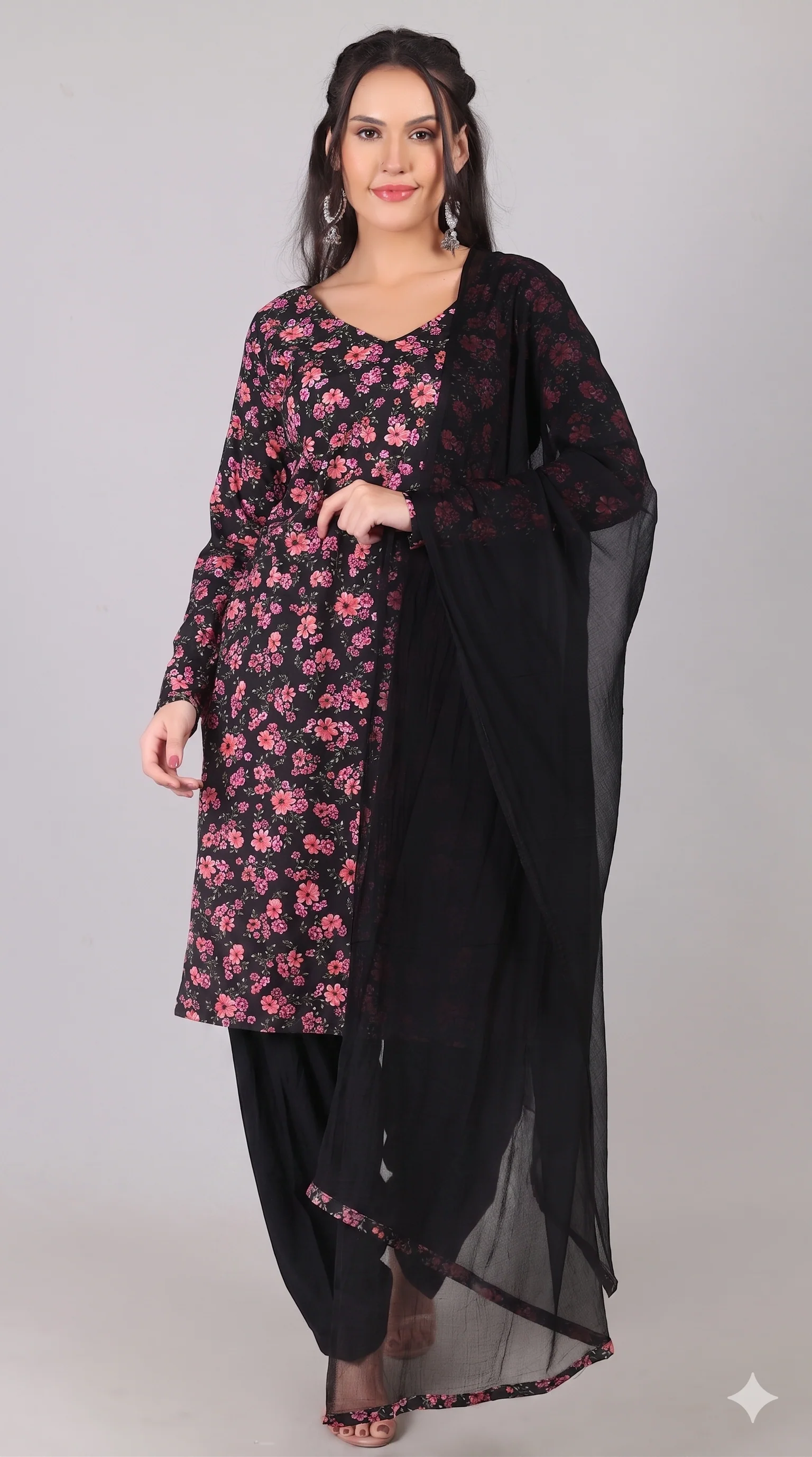 Black Rayon Straight Cut Kurta Salwar Set with Chiffon Dupatta - Image 2