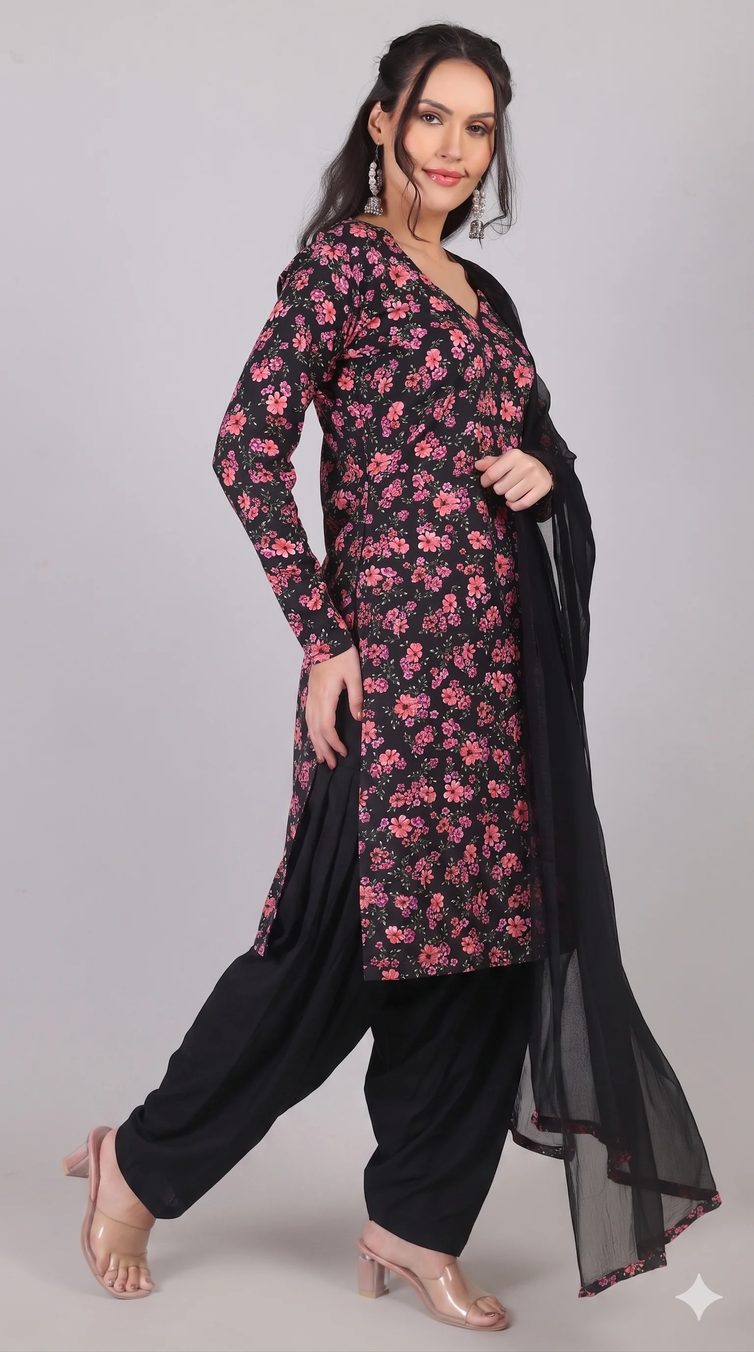 Black Rayon Straight Cut Kurta Salwar Set with Chiffon Dupatta - Image 3