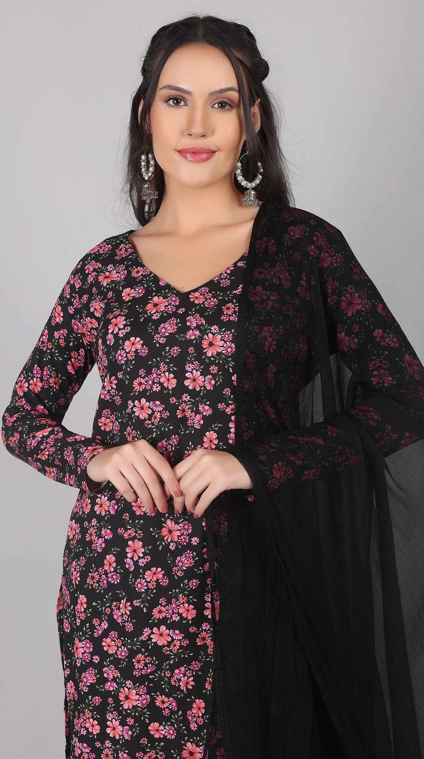 Black Rayon Straight Cut Kurta Salwar Set with Chiffon Dupatta - Image 6