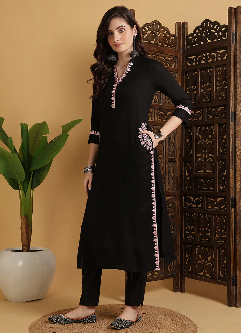 Black Rayon Straight Cut Kurti - Image 2