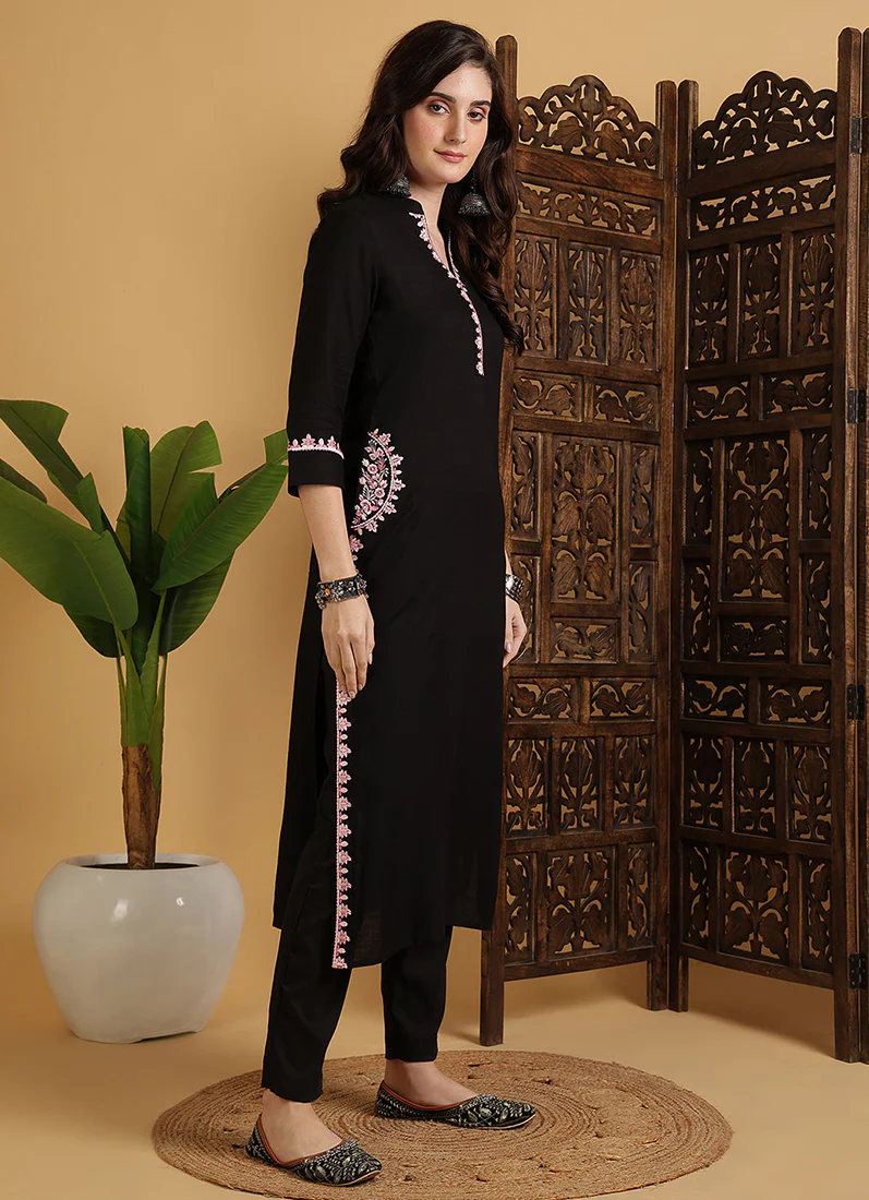 Black Rayon Straight Cut Kurti - Image 3