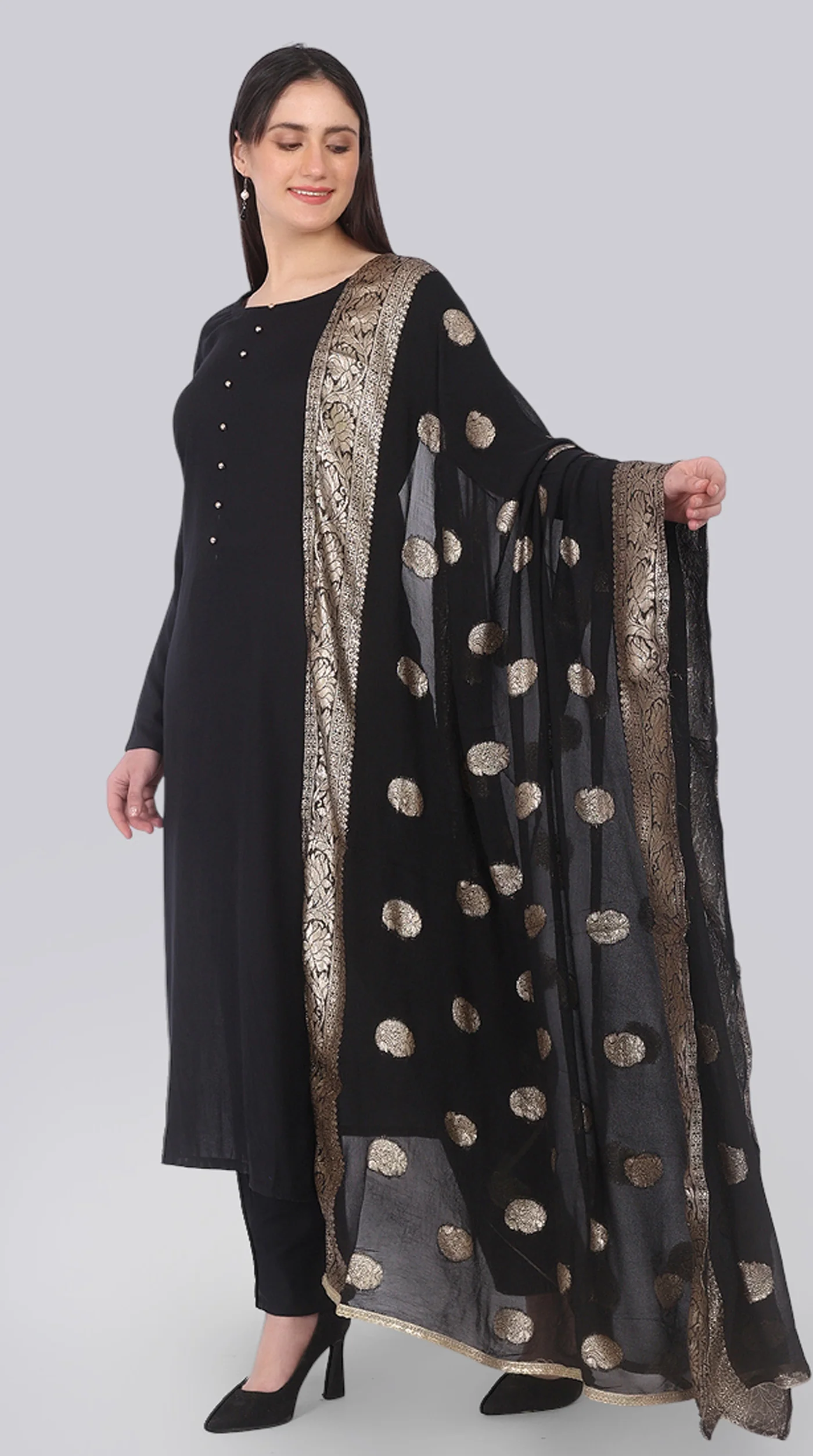 Black Rayon Straight-Cut Suit Set with Jacquard Dupatta - Image 2