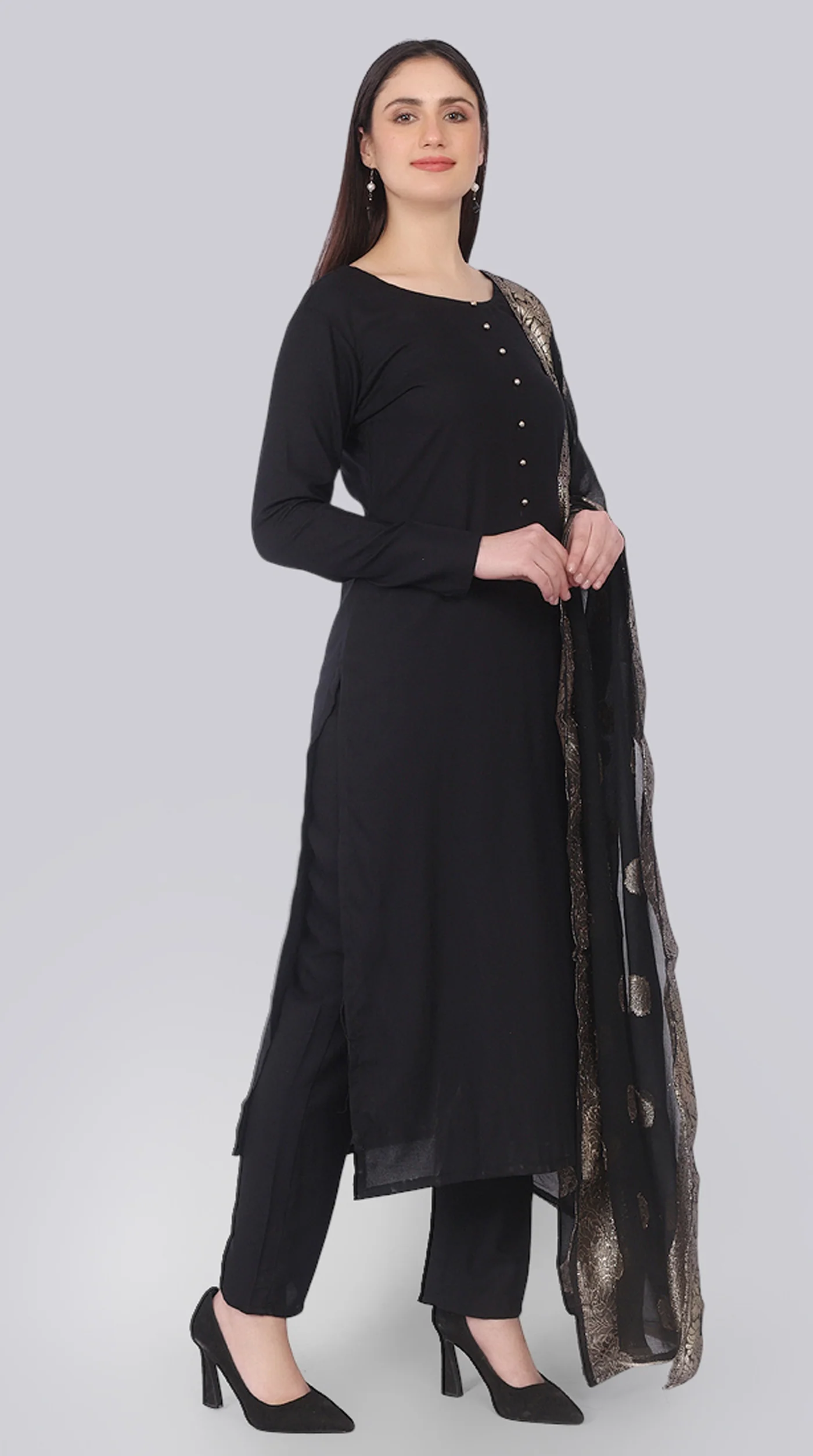 Black Rayon Straight-Cut Suit Set with Jacquard Dupatta - Image 3