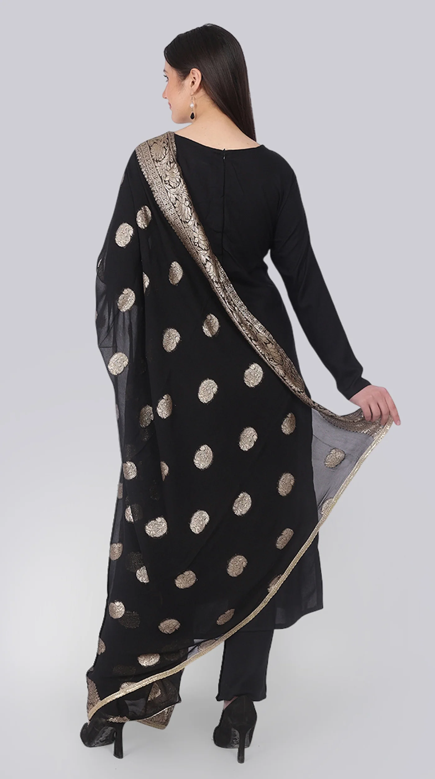 Black Rayon Straight-Cut Suit Set with Jacquard Dupatta - Image 4