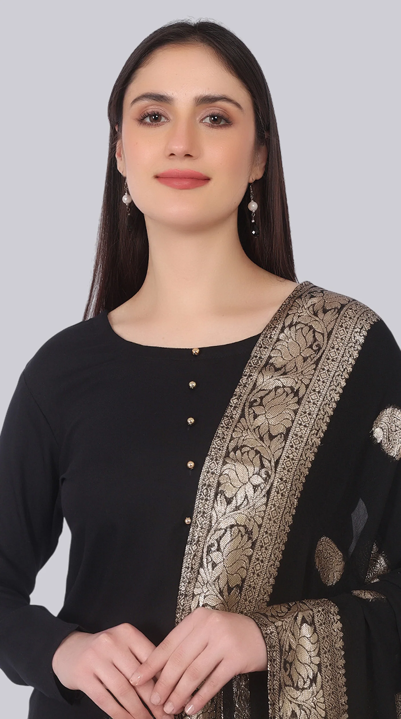 Black Rayon Straight-Cut Suit Set with Jacquard Dupatta - Image 5