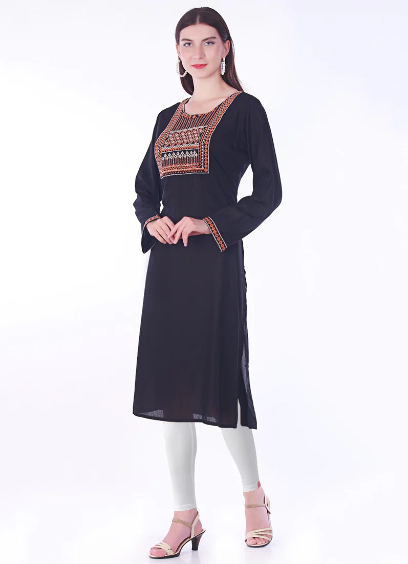 Black Rayon Straight Embroidered Kurti - Image 3