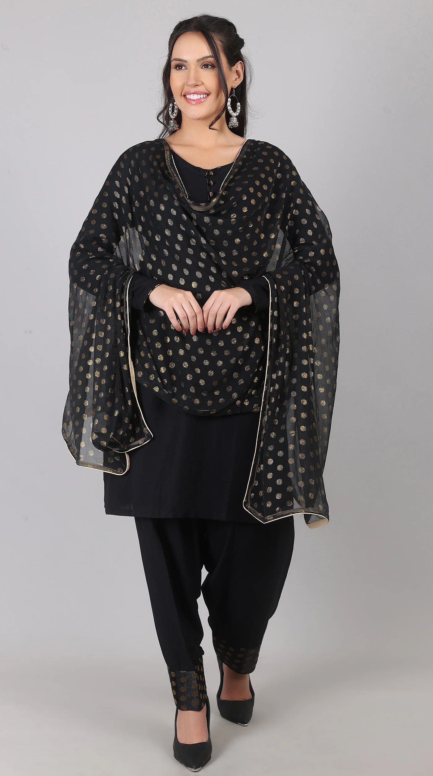 Black Rayon Suit Set With Foil Print Dupatta - Image 2