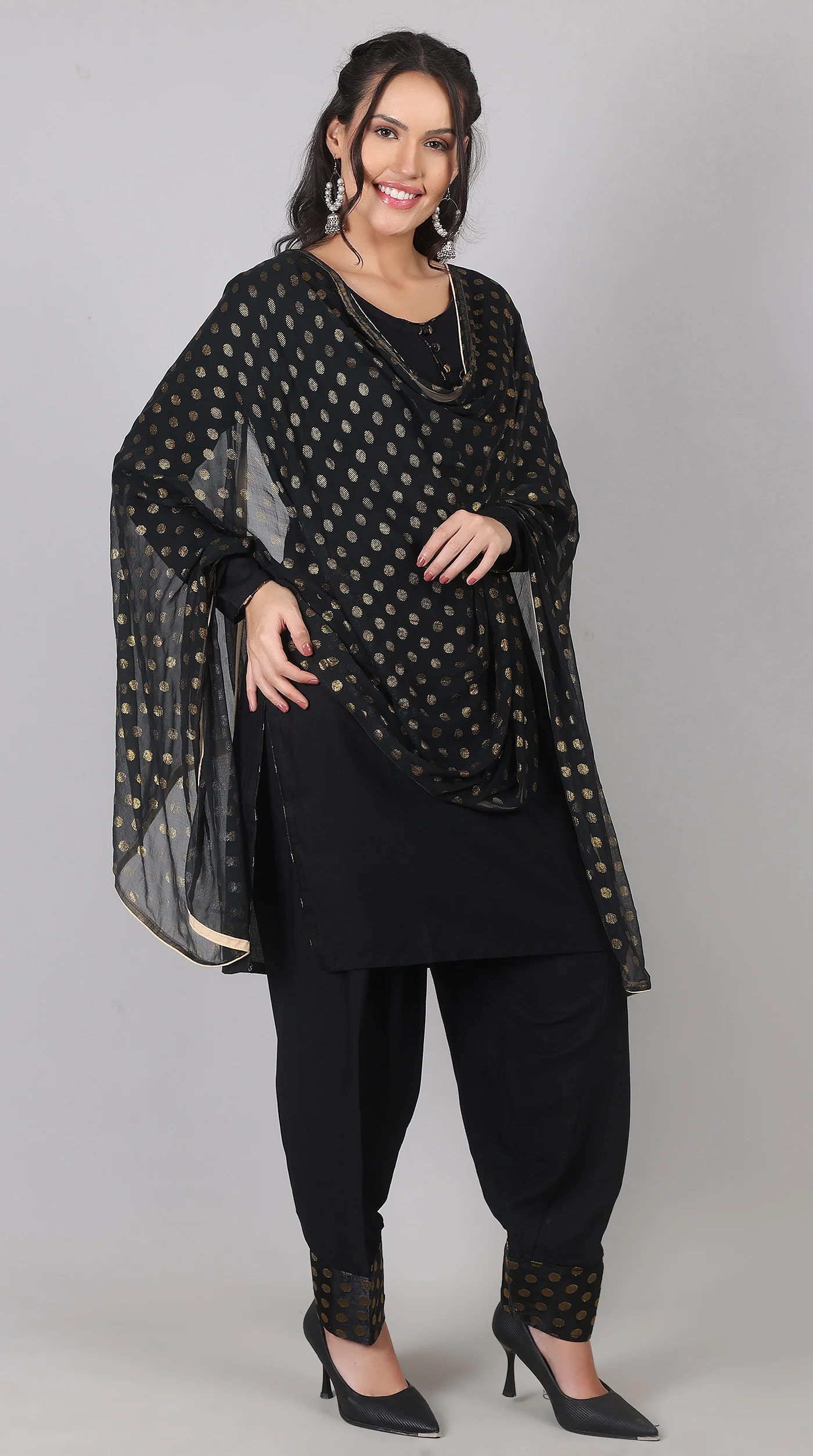 Black Rayon Suit Set With Foil Print Dupatta - Image 3