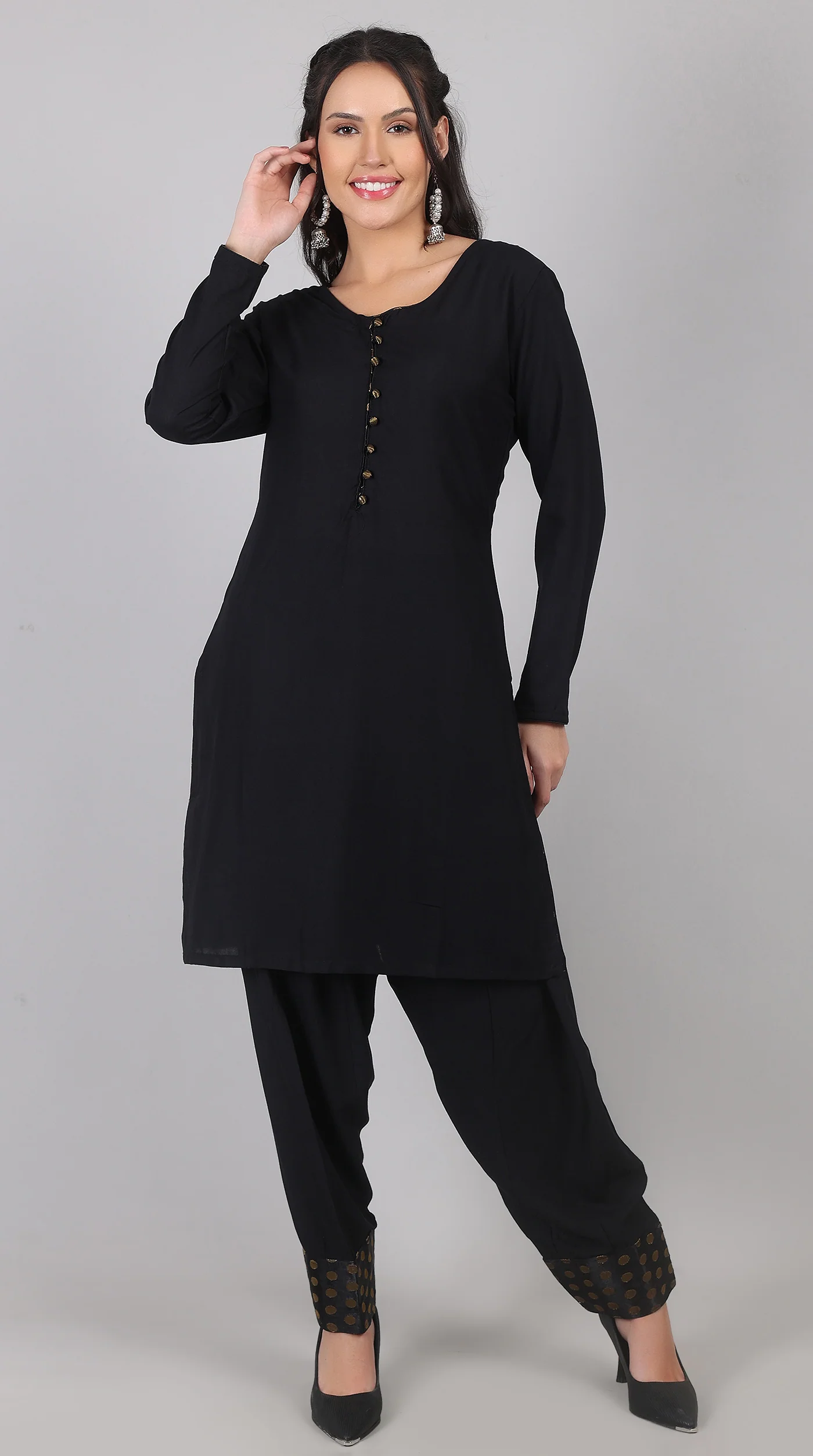 Black Rayon Suit Set With Foil Print Dupatta - Image 4