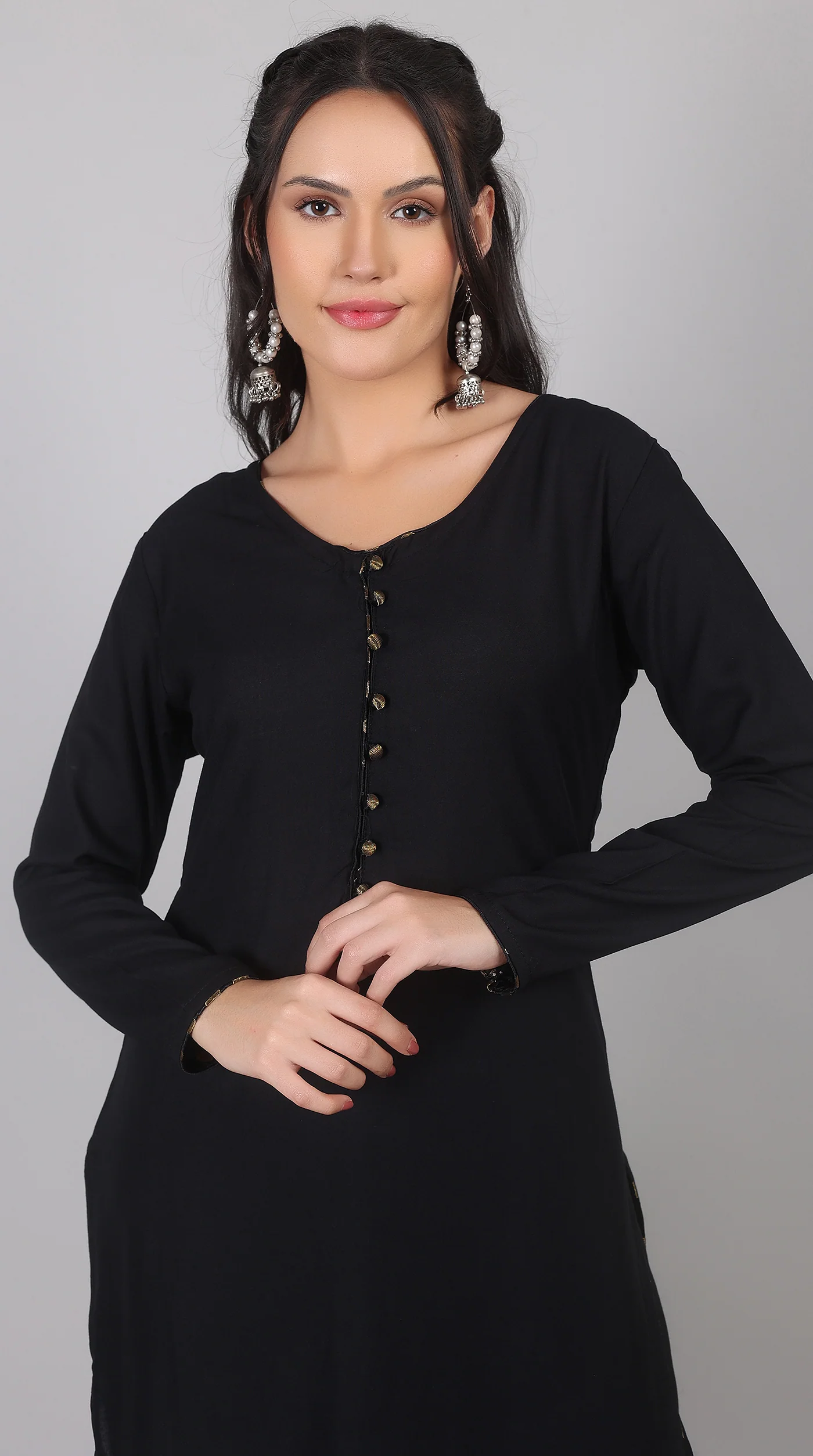 Black Rayon Suit Set With Foil Print Dupatta - Image 5