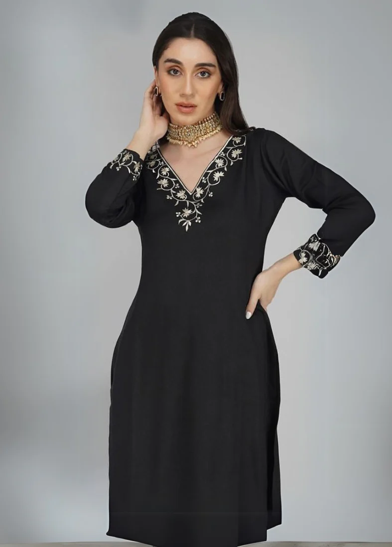 Black Rayon Thread Work Shawl Suit Set - Image 2