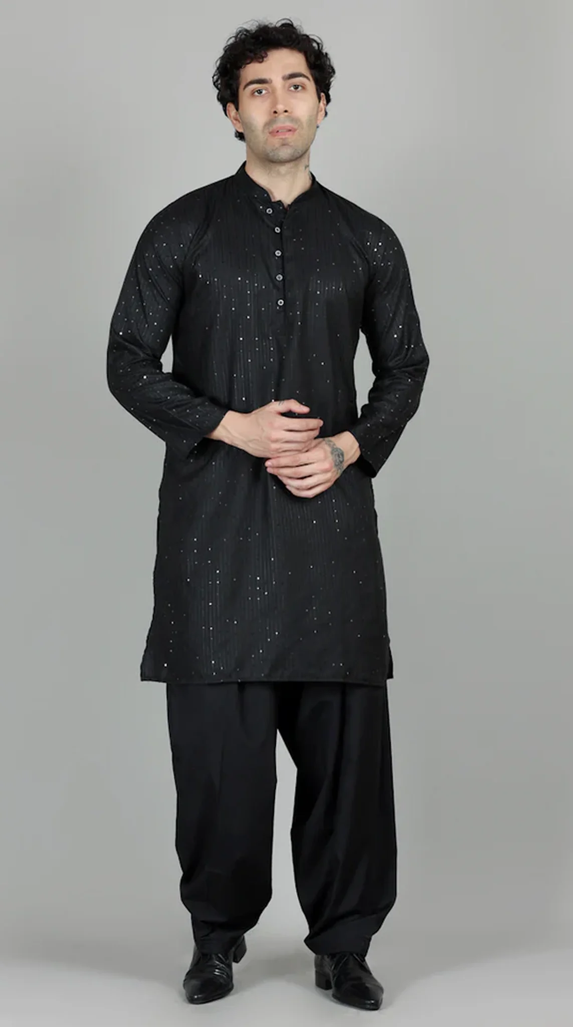 Men’s Black Sequin Embroidered Shalwar Kameez - Image 2