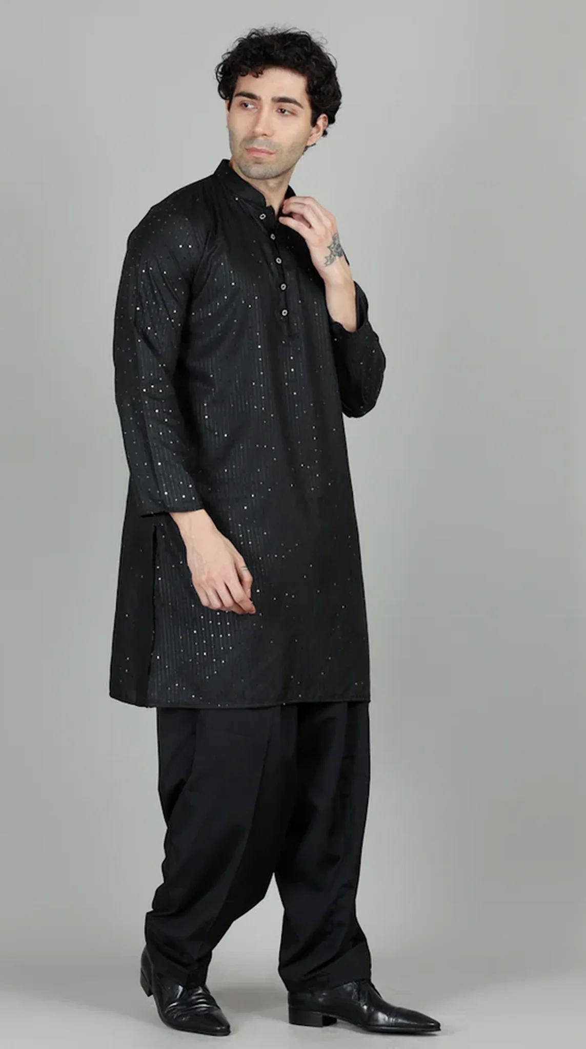 Men’s Black Sequin Embroidered Shalwar Kameez - Image 3