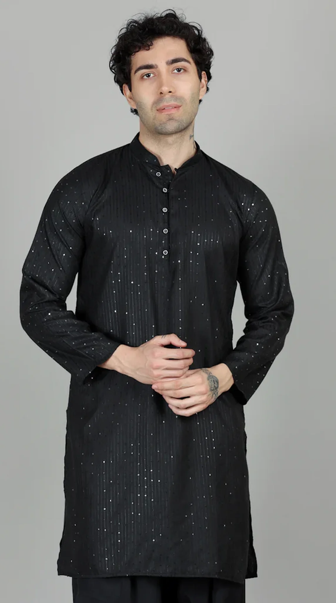 Men’s Black Sequin Embroidered Shalwar Kameez - Image 4